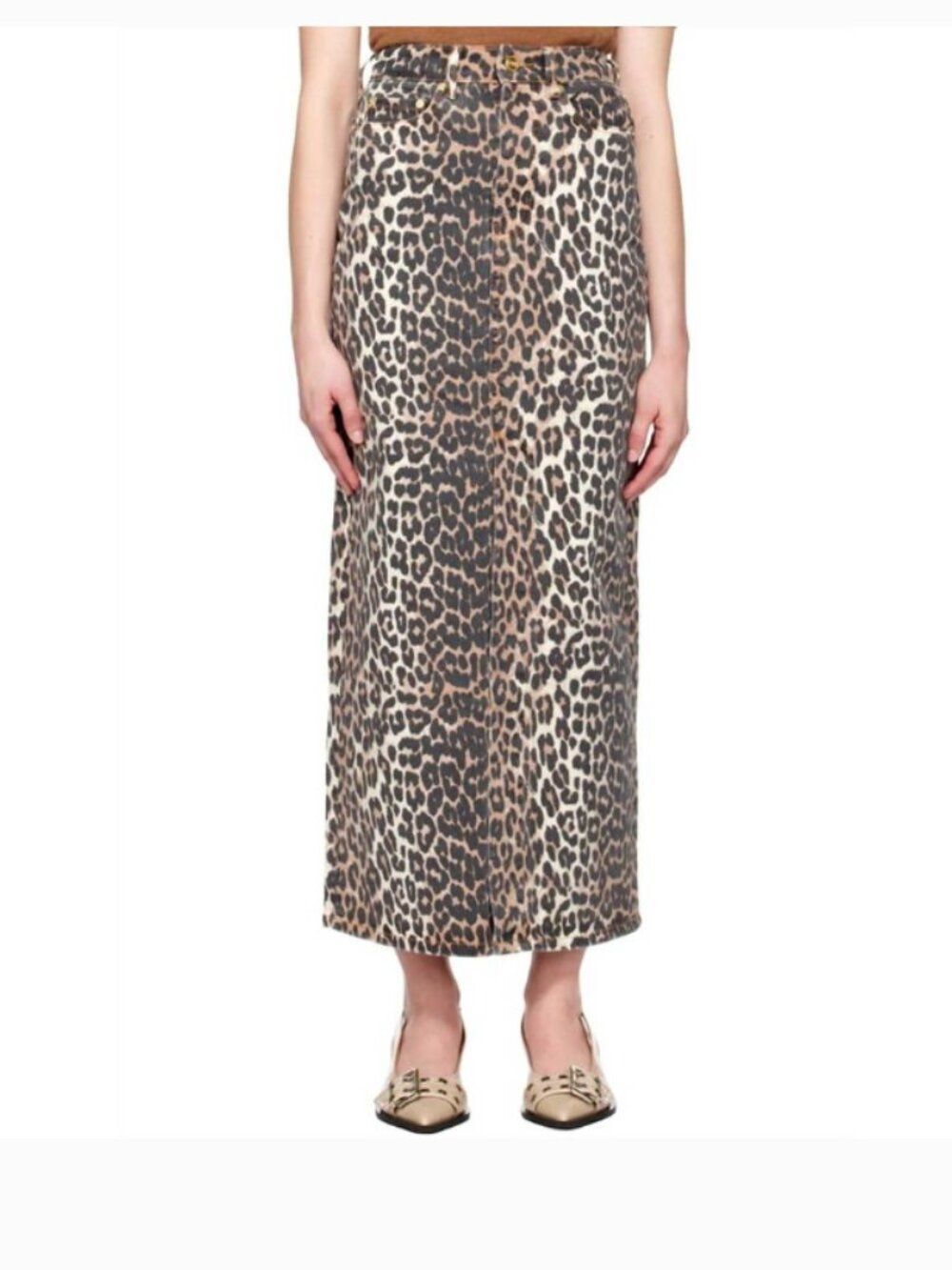 GANNI Leopard Print Denim Maxi Slit Skirt 34 US 2 Animal Print